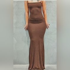 Maxi Length Dress Spaghetti Straps Body Con Fit (No Shape Wear) 1 Brown 1 Blue Brown Fitted Maxi Length Dress, Brown Stretch Maxi Dress, Brown Strapless Stretch Dress, Brown Stretch Strapless Dress, Brown Spaghetti Strap Bodycon Dress, Brown Bodycon Dress With Spaghetti Straps, Casual Brown Strapless Dress, Casual Stretch Brown Maxi Dress, Casual Brown Stretch Maxi Dress