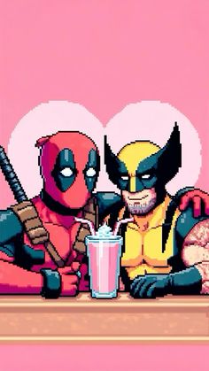 two deadpools are sitting at a table with a drink in front of them