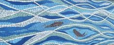 the fish are swimming in the blue water mosaic tile wallpapers on the side of a building