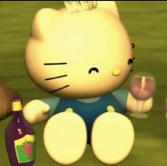 an animated image of a hello kitty sitting next to a bottle of wine and a teddy bear