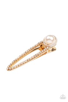 Dotted with a bubbly pearl fitting, a classic gold frame is encrusted in glassy white rhinestones for a glamorous finish. Features a standard hair clip on the back. Gold Hair Clip, Paparazzi Accessories Jewelry, Gold Hair Clips, Gold Hair Accessories, Pearl Hair Clip, Paparazzi Accessories, White Rhinestone, Rhinestone Studs, Gold Rhinestone