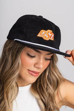 Find stylish, affordable Hats at Lush Fashion Lounge! OSU logo corduroy rope hat from Lush Fashion Lounge women's boutique in Oklahoma City. Lush boutique in OKC has a variety of cute gameday accessories! This OSU hat is the perfect accessory to your gameday outfit! These hats are locally made right here in Oklahoma! Gameday Accessories, Gameday Outfit, Women's Boutique, Oklahoma City, Ladies Boutique, Oklahoma, Lush, Adjustable Straps, Lounge