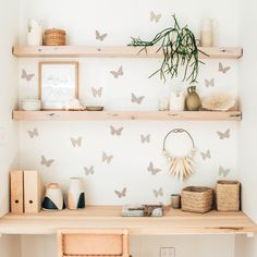 a wooden desk topped with lots of shelves