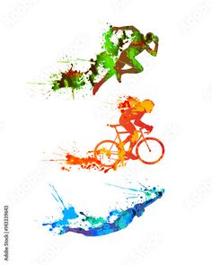 watercolor silhouettes of people riding bicycles and jumping in the air with splash paint on them