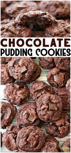 chocolate pudding cookies stacked on top of each other with the words chocolate pudding cookies above them