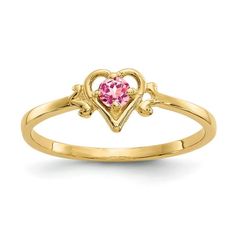 14K Pink Tourmaline Birthstone Heart Ring. Material: Primary - Purity:14K|Stone Type_1:Pink Tourmaline|Stone Quantity_1:1|Band Width:1 mm|Stone Weight_1:0.11 ct|Size (Minimum):5|Size (Maximum):9|Material: Primary:Gold|Sizeable:Yes|Stone Size_1:3 mm|Item Weight U/M:gm|Product Type:Jewelry|Jewelry Type:Rings|Sold By Unit:Each|Material: Primary - Color:Yellow|Ring Type:Themed|Ring Top Length:7 mm|Birthstone Month:(10) October Color: Metal Type.  Gender: unisex.  Age Group: adult. 10 October, October Birthstone Jewelry, Heart Band, October Birthstone Rings, Average Weight, Tourmaline Stone, Gold Polish, Pink Stone, Fine Jewelry Gift