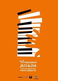 an orange poster with black and white lines on it that says, 13th heineken jazzalladia