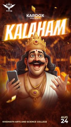 an animated character holding a cell phone in front of a poster for kaalahan