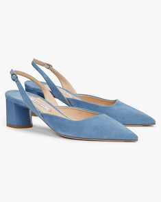 Irene Slingback - Suede :: Sky Blue – M.M.LaFleur Blue Slingback Pumps With Leather Sole, Blue Leather Sole Slingback Pumps, Fitted Slingback Heels With Leather Sole, Blue Slingback Heels, Blue Shoes Outfit, Low Pumps, Heels Block, Velvet Flats, Slingback Heels