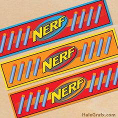 two nerf candy bar stickers sitting next to each other