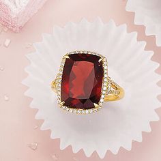 Ross-Simons - 13.00ct Garnet, .40ct t. w. Diamond Ring Emerald Cut in 14kt Yellow Gold. Size 5. Give your ring collection an upgrade with this stunning piece! A 13.00 carat cushion-cut garnet is trimmed by .40 ct. t. w. round brilliant-cut diamonds in polished 14kt yellow gold. 3/4" wide. Diamond and garnet ring. Garnet birthstones are the perfect gift for January birthdays. Diamond Ring Emerald Cut, Diamond Ring Emerald, Garnet And Diamond Ring, Garnet Birthstone, Frame Ring, Ring Emerald Cut, Emerald Cut Diamond Ring, January Birthday, Blue Topaz Bracelet