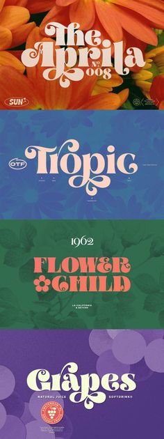 four different types of flowers and the words tropic on them are shown in three different colors