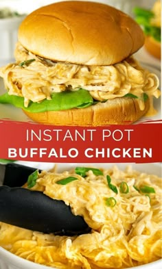 instant pot buffalo chicken in a white bowl with the words instant pot buffalo chicken on it