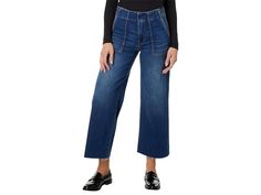 KUT from the Kloth Meg High-Rise Fab Ab Wide Leg Raw Hem Pork Chop Pocket in Enchant - Women's Jeans : Enchant : Look effortlessly stylish in the versatile vintage-inspired cropped-length KUT from the Kloth Meg High-Rise Fab Ab Wide Leg Raw Hem Pork Chop Pocket in Enchant jeans. These pull-on style jeans feature large front utility pockets and back patch pockets. Belt loops on the waist. Zip-fly and button closure. Raw hem. 85% cotton, 14% polyester, 1% spandex. Machine wash, tumble dry. Importe Cropped Denim Workwear Bottoms, Fall Cropped Denim Blue Bottoms, Cropped Denim Blue Bottoms For Fall, Fall Cropped Denim Bottoms, Cropped Bottoms With Five Pockets, Cropped Dark Wash Jeans For Fall, Fall Cropped Dark Wash Jeans, Cropped Jeans For Workwear, Medium Wash Cropped Bottoms For Fall