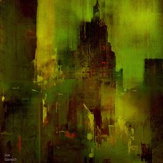 an abstract painting of a cityscape in green and yellow