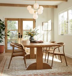 a dining room table with chairs and a potted plant