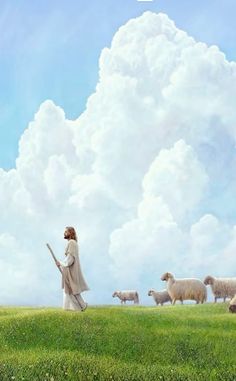 a painting of jesus walking with sheep in a field under a cloudy blue sky and white clouds