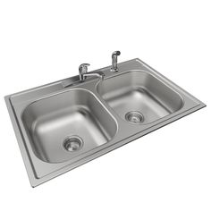 a double sink with two faucets on the top and one drain in the middle