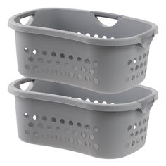 two plastic storage baskets with holes on the sides, one grey and one gray color