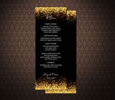 a black and gold wedding menu card with glitter on the bottom, in front of a brown background