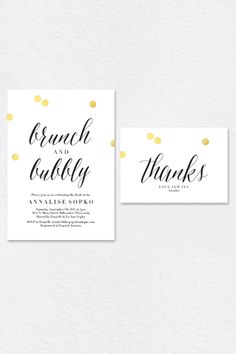 two wedding cards with gold confetti on them, and the words brunch and bubbly written in black ink