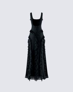 Looking this good is bound to ruffle some feathers 😌 Crafted from georgette fabric and complete with cascading ruffles and a low back, this dress is the perfect elevated and classy fit 🖤 Fitted Ruffle Dress With Ruffled Straps For Night Out, Elegant Evening Dresses With Ruffled Straps, Elegant Ruffled Maxi Evening Dress, Elegant Ruffled Maxi Dress For Evening, Elegant Evening Maxi Dress With Ruffles, Tiered Ruffle Hem Dress For Evening, Elegant Black Maxi Dress With Ruffled Straps, Chic Fitted Ruffle Evening Dress, Elegant Ruffled Skirt Dress For Gala