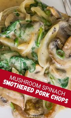 Smothered mushroom pork chops with spinach skillet. Pork Chops And Spinach Recipe, Smoothered Pork Chops, Mushroom Sauce For Pork, Pork Chops With Spinach, Mushroom Gravy Pork Chops, Pork Chop Sauce, Pork Cooking Temperature, Fall Dinner Ideas, Bone In Pork Chops