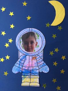 a child's drawing of an astronaut in space with stars and the moon behind it