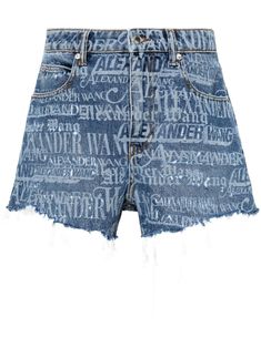 blue cotton/denim all-over logo print high waisted belt loops concealed fly and button fastening classic five pockets logo patch to the rear raw edge thigh length Alexander Wang Shorts, Alexander Wang Jeans, Designer Jeans For Women, Frayed Jeans, City Dress, Printed Denim, Summer Beach Wear, Designer Jeans, Raw Edge