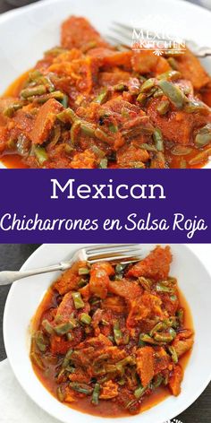 mexican chicken en salsa roja is shown in two different pictures