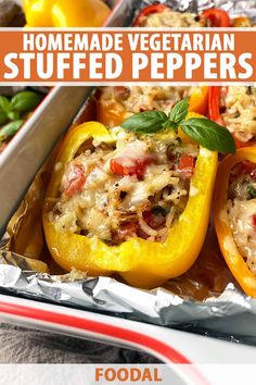 an image of stuffed peppers in foil with text overlay that reads homemade vegetarian stuffed peppers