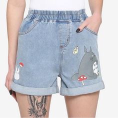 Slip Into Some Comfy Shorts For A Day Hanging Out With Your Favorite Forest Spirits! These My Neighbor Totoro Shorts Feature Prints Of Totoro Holding An Acorn, Mushrooms And Smaller Totoros. They Come With Cuffed Leg Openings, Hip And Back Pockets And An Elasticated Waistband. 86% Cotton; 8% Polyester; 6% Rayon Wash Cold; Dry Low Elasticated Waistband New Without Tags Inventory #P298 Cute Denim Blue Cotton Shorts, Cute Short Length Denim Bottoms, Cute Denim Blue Short-length Bottoms, Cute Summer Pants With Pockets, Cute Blue Summer Pants, Cute Short Denim Blue Bottoms, Cute Short-length Bottoms With Pockets, Cute Short-length Bottoms For Spring, Cute Short Length Bottoms For Spring