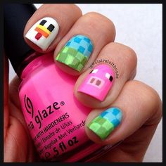 2014 Halloween Minecraft Nails Art - Pig, Block Nails Designs #Halloween Game Nails, Comic Nails, Adorable Nails, Kids Nail Designs, Birthday Plans, Awesome Nails, Nails Fashion