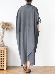 Material: 100% Cotton Collar: V-Neck Pattern: Solid Sleeve Type: Batwing Sleeve Sleeve Length: Half Sleeve Length: Ankle-Length Highlight: Drawstring, Pocket Season: Summer Long Dress Summer, Irregular Hem, Long Summer Dresses, Neck Pattern, Batwing Sleeve, Dress Summer, Bat Wings, Dress First, Half Sleeve