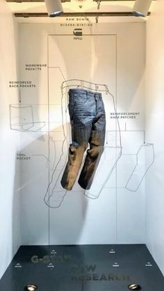 a display case with an image of a pair of jeans hanging from it's sides