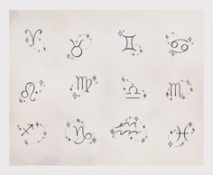 twelve zodiac signs drawn in black ink on a white paper with stars and sparkles