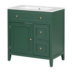 a green cabinet with two drawers and a white sink in the center, against a white background