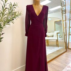 Long Maxi Dress, In Burgandy. Perfect For Special Occasions Like Wedding Guests Or Bridesmaids. Beautiful Flowy Skirt With Elegant Sheer Bishop Sleeve. Lined Long Sleeve Cocktail Dress, Fitted Chiffon Long Sleeve Dress, Fitted Purple Chiffon Dress, Purple Long Sleeve Gala Dress, Purple Long Sleeve Dress For Gala, Fitted Long Sleeve Lined Maxi Dress, Long Sleeve Chiffon Gala Dresses, Long Sleeve Chiffon Dresses For Gala, Fitted Long Sleeve Bridesmaid Dresses