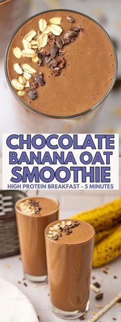 chocolate banana oat smoothie in two glasses