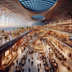 the interior of an airport with people walking around