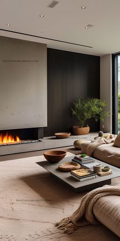 a living room with a couch, coffee table and fire place in front of a large window