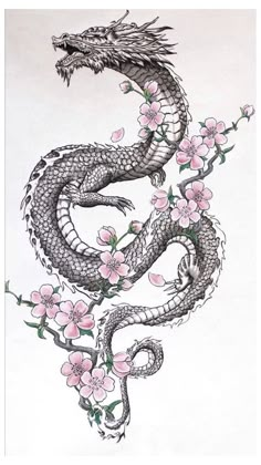 a drawing of a dragon with pink flowers on it's body and its tail