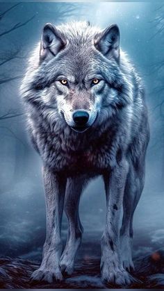 a wolf standing in the middle of a forest at night with bright yellow eyes and an intense stare on his face