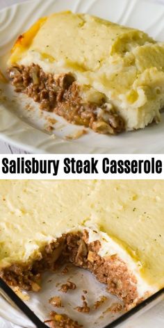 two pictures of meat and cheese casserole with the words salisbury steak casserole