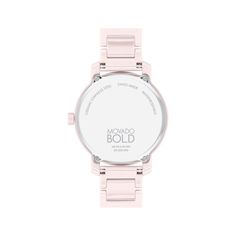 With the perfect pop of sparkle, this women's Movado BOLD ceramic watch is a fashion-forward choice. 34mm blush-pink ceramic and stainless steel case Pink circular-textured dial, slim hands, iconic dot motif in sparkling crystals and K1 crystal Flexible blush-pink ceramic bracelet with stainless steel push-button clasp Water-resistant to 30 meters Pink Watches With Diamond Hour Markers, Modern Pink Watches With Diamond Hour Markers, Modern Pink Round Dial Watches, Modern Watch Accessories With Analog Display, Modern Pink Analog Watch, Slim Hands, Ceramic Bracelet, Movado Bold, Ceramic Watch