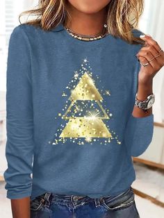 Blue Casual Graphic Tops Round Neck Christmas Tree Printed Long Sleeve Xmas Sweatshirts Christmas Festive Long Sleeve Tops, Festive Long Sleeve Tops For Christmas, Festive Long Sleeve Tops For New Year, Blue Long Sleeve Christmas Tops, Blue Long Sleeve Tops For Christmas, Blue Christmas Holiday Sweater, Blue Tops For Holiday And Fall Season, Casual Blue Holiday Tops, Blue Casual Tops For Holiday