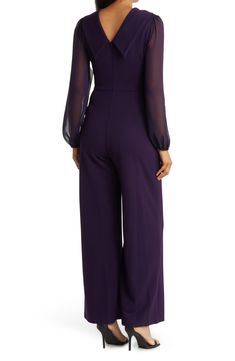 Update your signature style with this chic and trendy chiffon jumpsuit fashioned with sheer sleeves and a sophisticated neckline. 31" inseam; 25.5 leg opening (size 8) Wide collar Long sleeves Hidden back-zip closure Partially lined Shell: 96% polyester, 4% spandex; sleeves: 100% polyester Machine wash cold, tumble dry low Imported Model stats: 5'10", 32" bust, 25" waist, 36" hip. Model is wearing size 8. Chiffon Jumpsuit, Chiffon Long Sleeve, Long Sleeve Jumpsuit, Jumpsuit Fashion, Sheer Sleeves, Signature Style, Eggplant, Nordstrom Rack, Chiffon