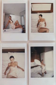 four polaroid photos of women in white dresses on a bed with sheets and pillows