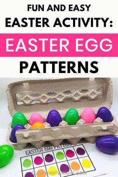 Text: Fun and Easy Easter Activity: Easter Egg Patterns Picture: Egg carton with colorful plastic eggs and a printable pattern sheet to play with. Easter Egg Pattern Printable, Gummy Bear Slime, Easter Printables Preschool, Easter Egg Patterns, Holiday Stem Activities, March Preschool, Easter Stem, Christmas Science Activities