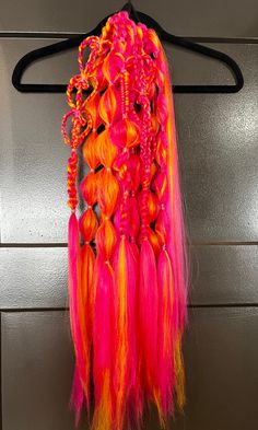 Custom festival rave bubble braid tie-in hair extensions. 1-3 custom colors with various braids and beading. Message me to get started on your perfect set!  ~24 inches long  ~300 grams per set  -purchase includes: one set (two pieces) of custom tie-in hair extensions  -100% handmade in Chicago Orange Yellow Hair, Braided Extensions, Rave Braids, Long Dreads, Bubble Braid, Rave Hair, Kanekalon Hairstyles, Bubble Braids, Braids With Extensions